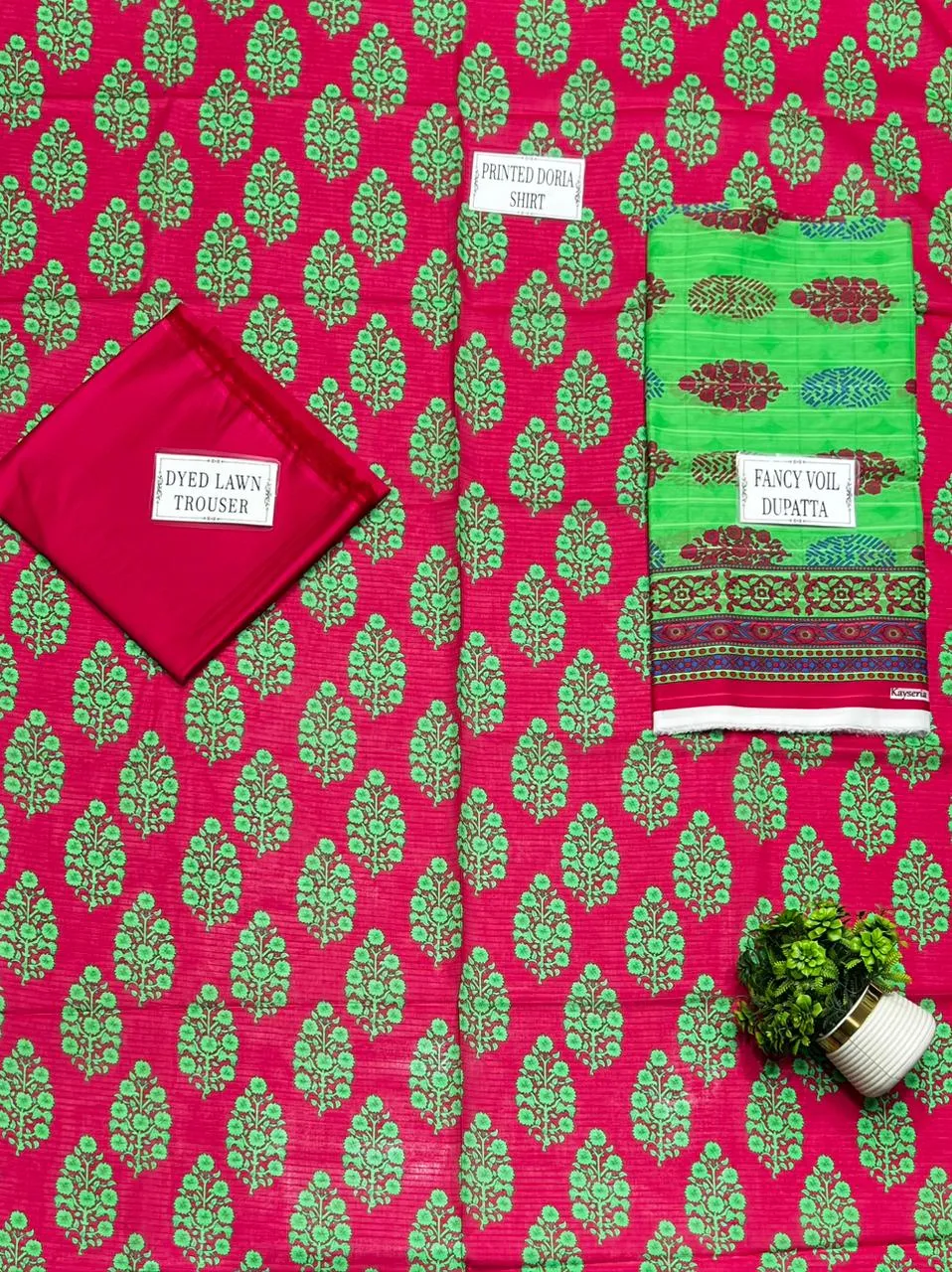 Red Printed 3-Piece Dobby Lawn Suit for Women