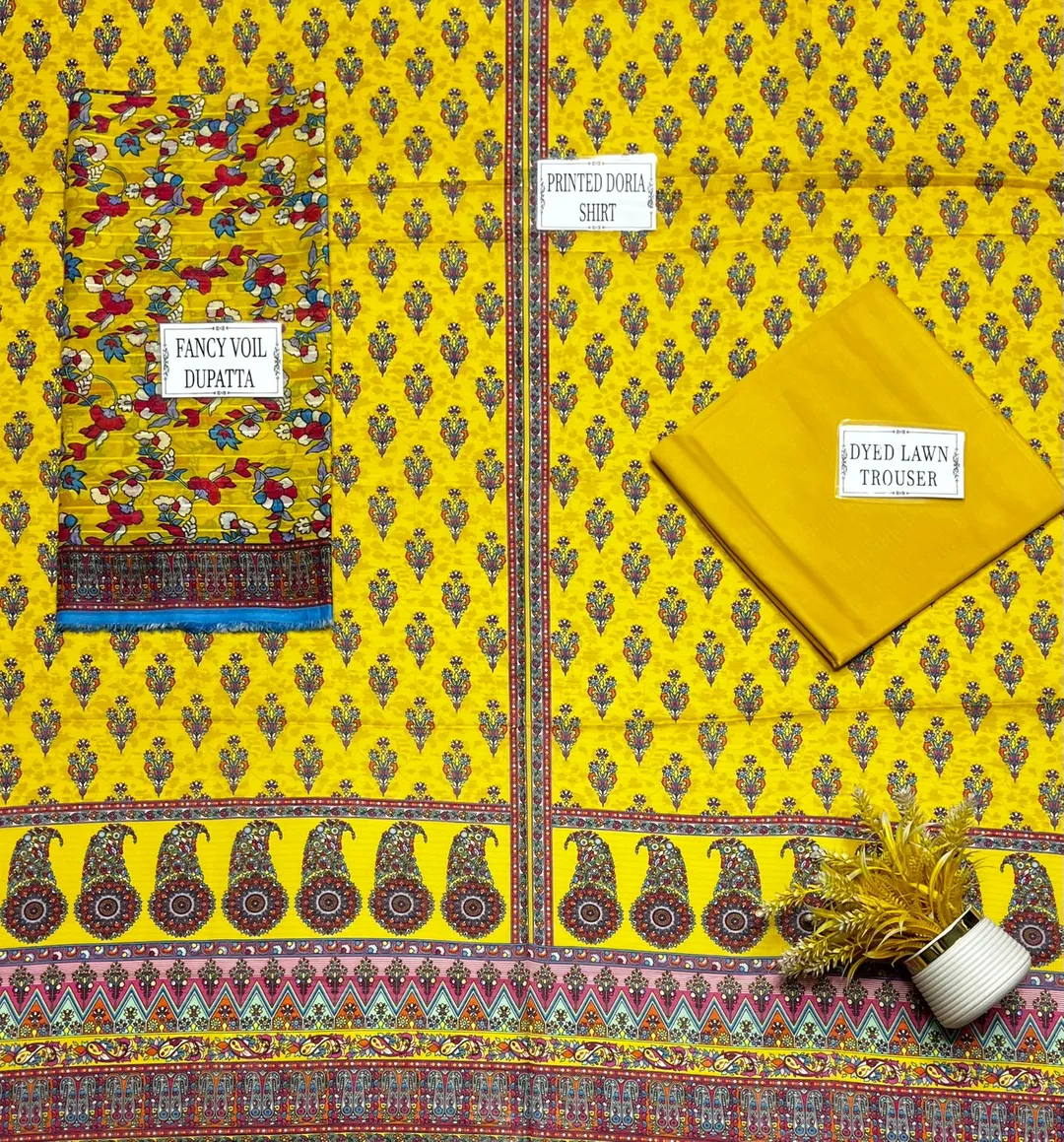 Yellow Printed Dobby Lawn 3Pcs Women Suit Set