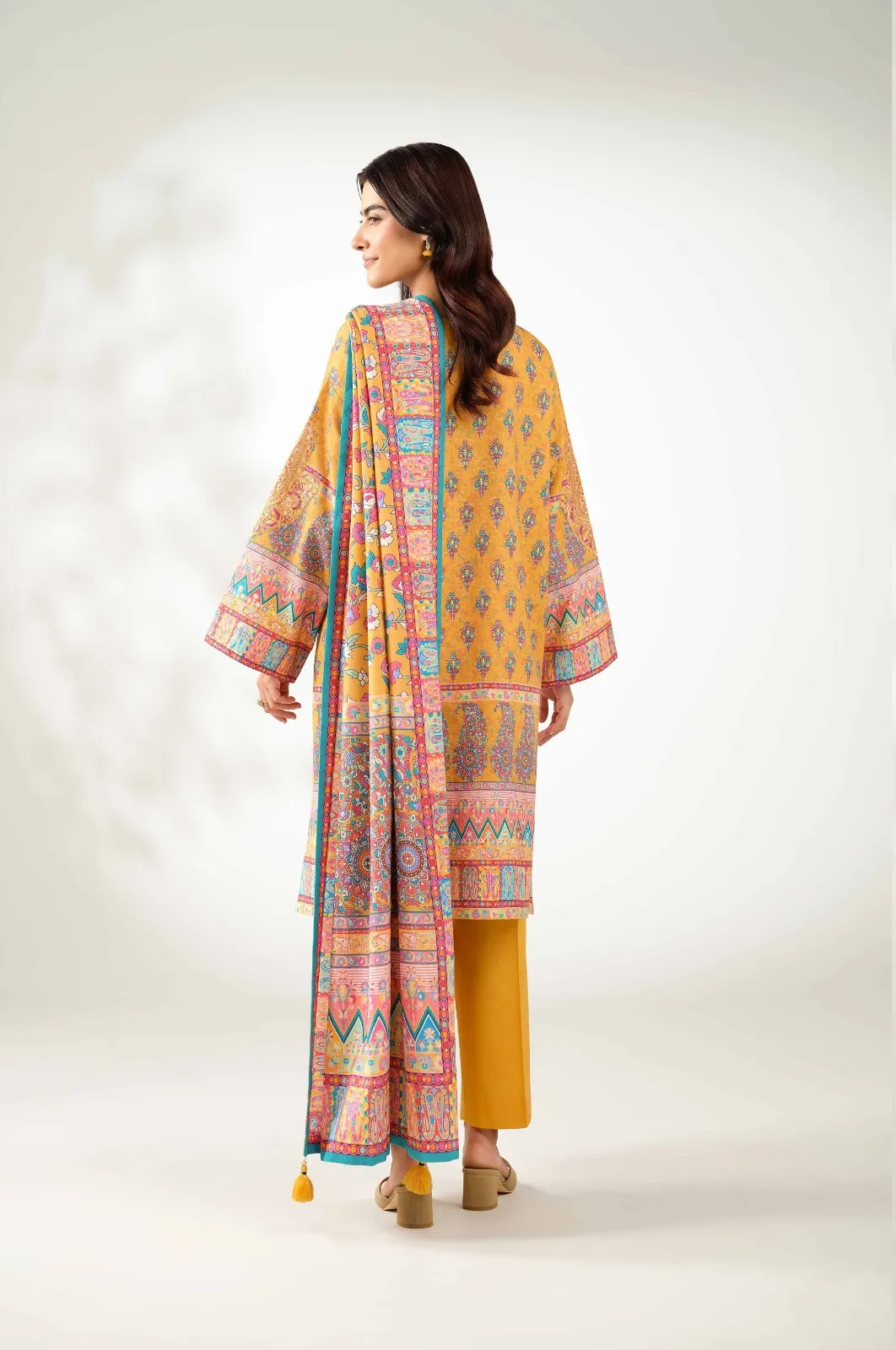 Yellow Printed Dobby Lawn 3Pcs Women Suit Set