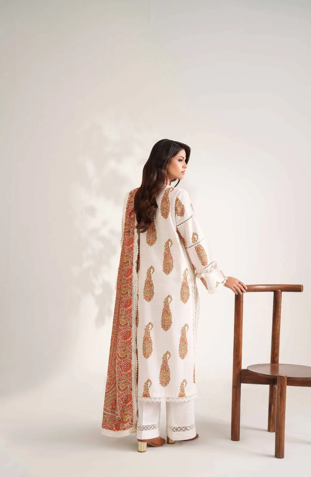 Off White Printed 3Pcs Dobby Lawn Suit for Women
