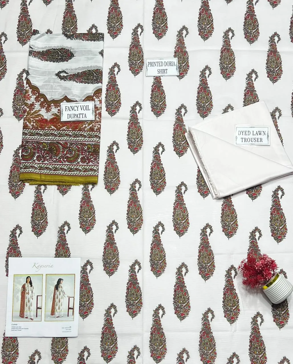 Off White Printed 3Pcs Dobby Lawn Suit for Women