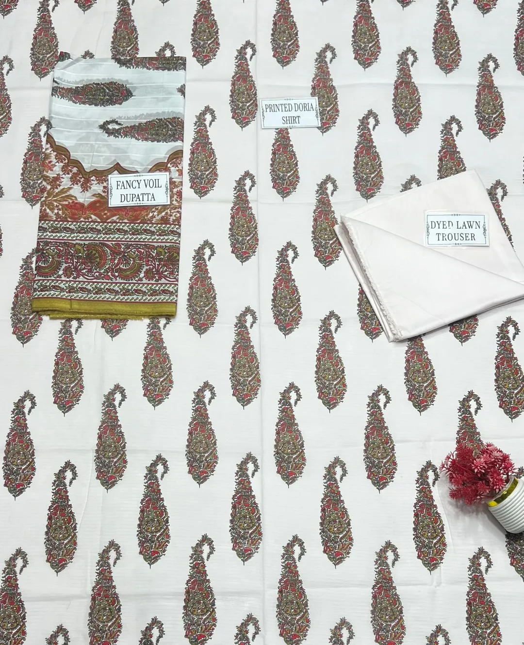 Off White Printed 3Pcs Dobby Lawn Suit for Women