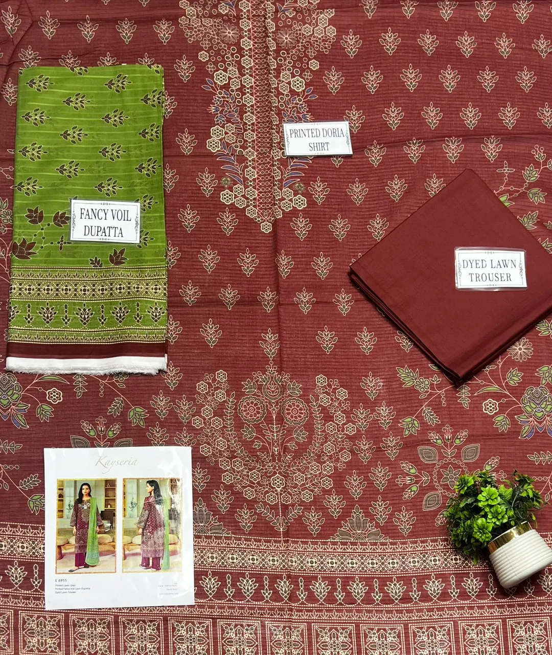 Brown Printed 3-Piece Dobby Lawn Suit Set for Women