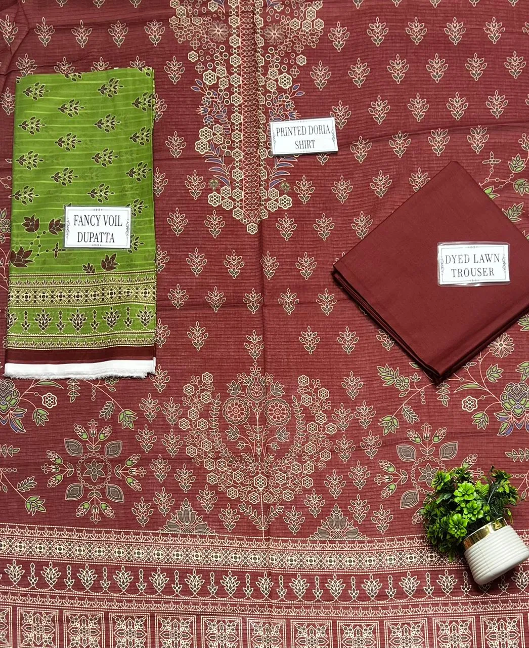 Brown Printed 3-Piece Dobby Lawn Suit Set for Women