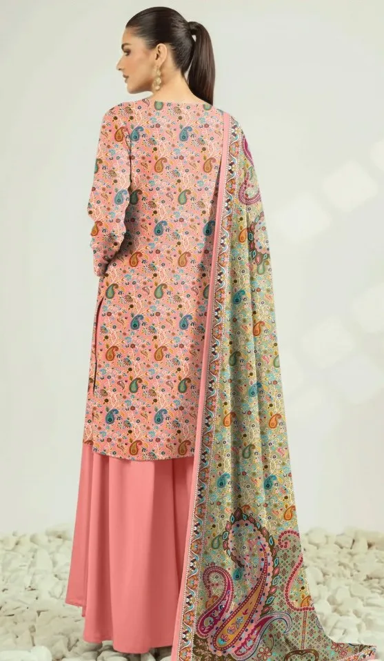 Peach Printed 3Pcs Dobby Lawn Suit for Women
