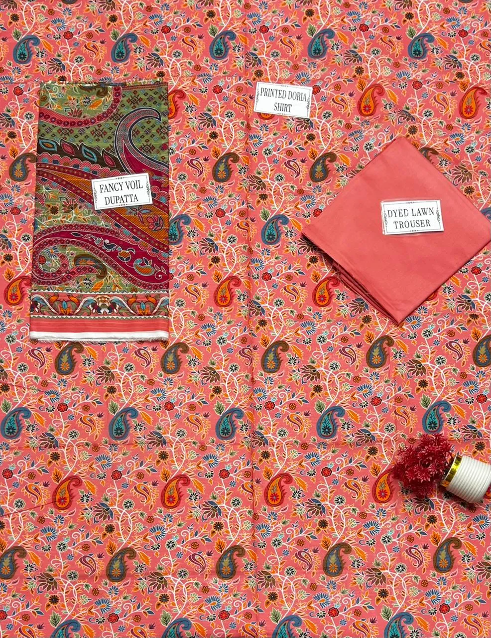 Peach Printed 3Pcs Dobby Lawn Suit for Women