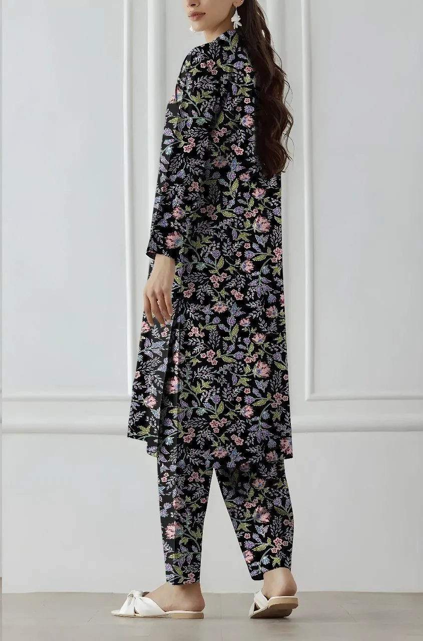 Black Floral Printed 2-Piece Khaddar Suit for Women