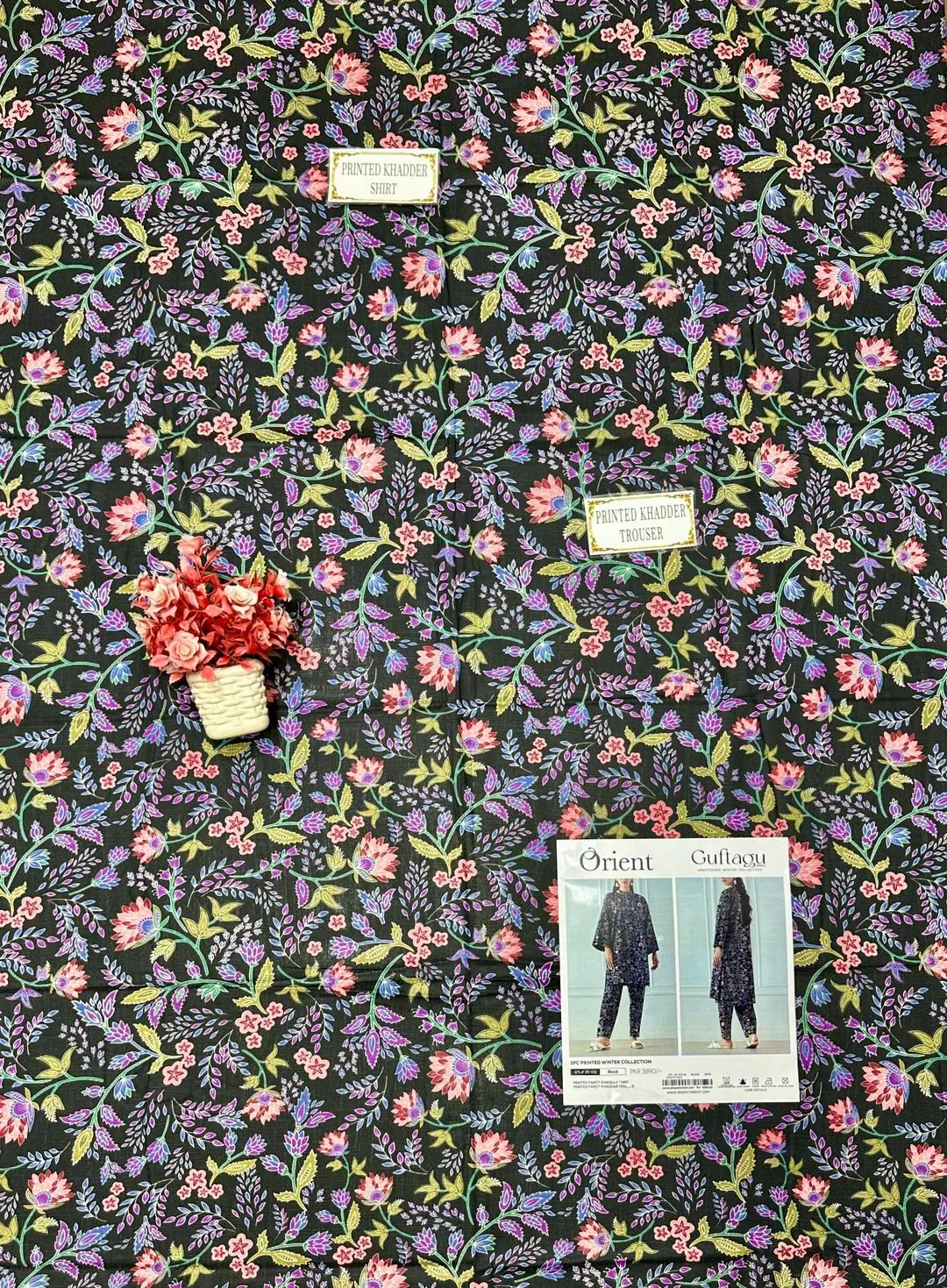 Black Floral Printed 2-Piece Khaddar Suit for Women