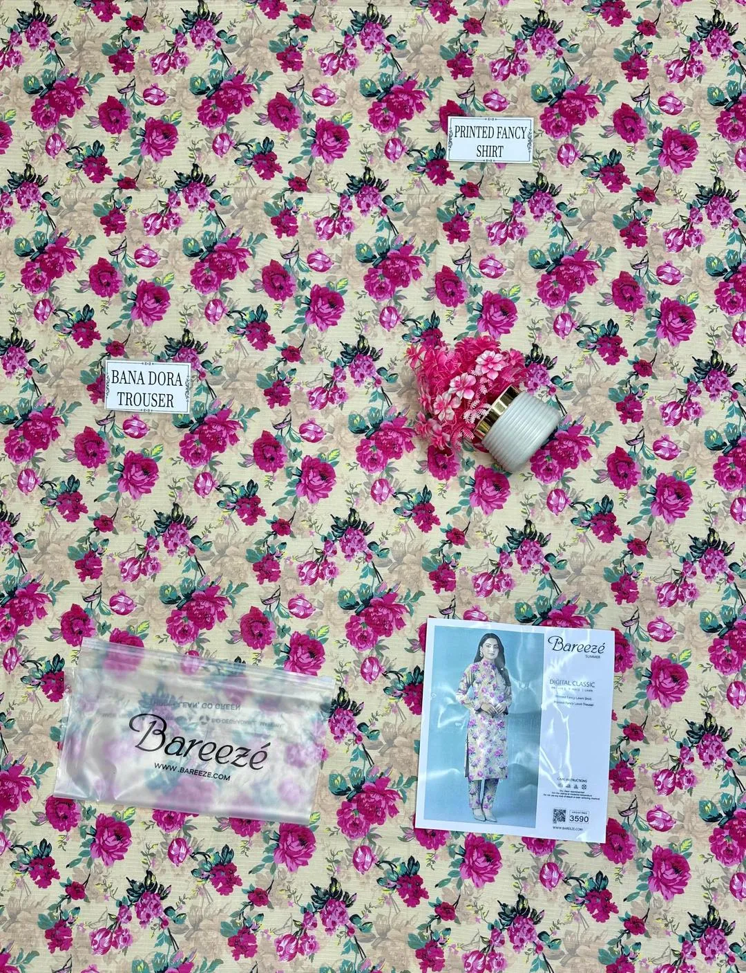 Unstitched Printed Suit Dobby Lawn Floral Pink Off-White