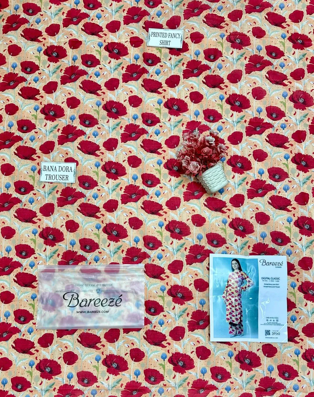 Women Unstitched Printed Suit Yellow Red Poppy Dobby Lawn