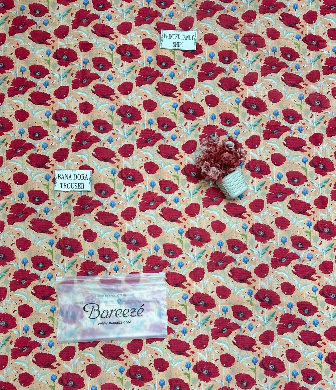 Women Unstitched Printed Suit Yellow Red Poppy Dobby Lawn