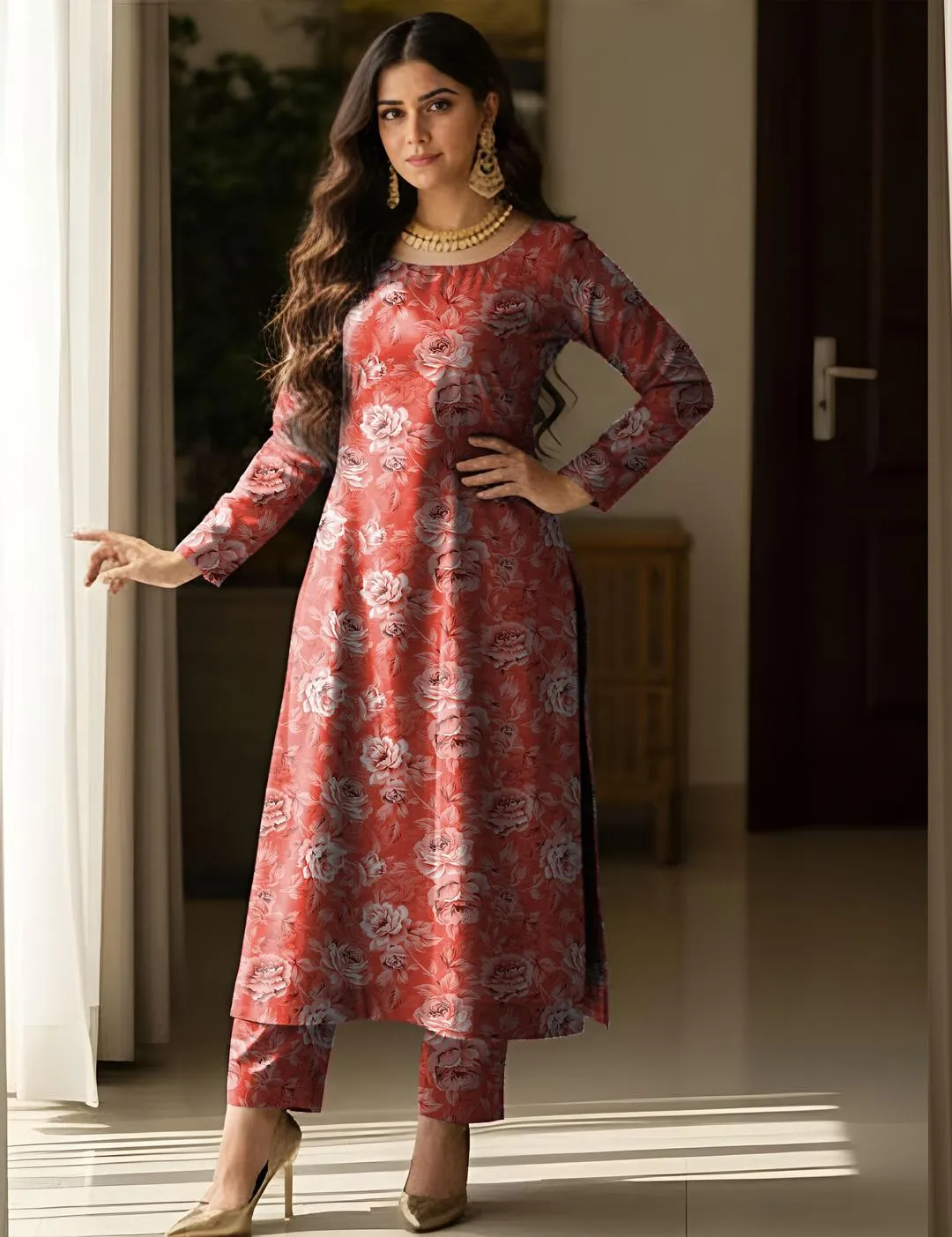 Pakistani Printed Long Sleeve Gown Dress Red Floral