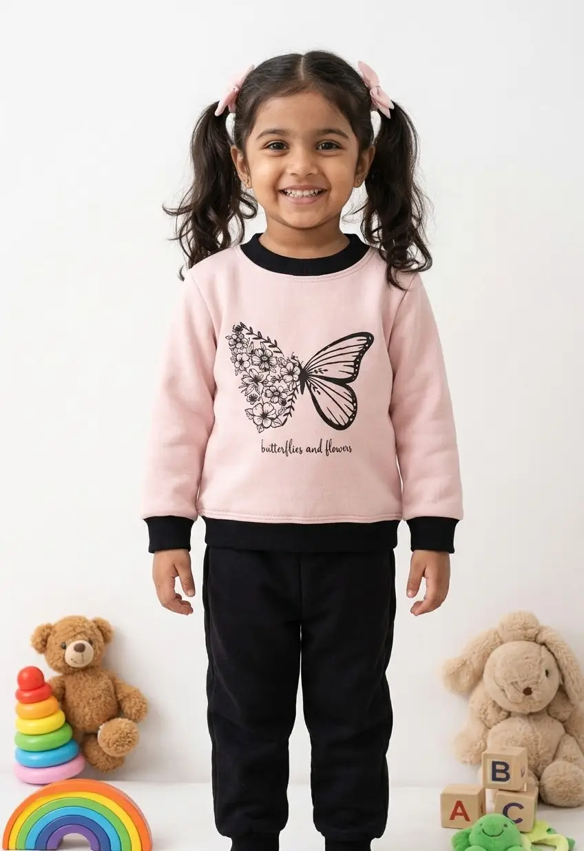2 Pcs Girl's Fleece Printed Shirt And Trouser Suit