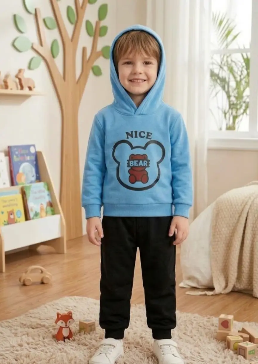 2 Pcs Boy's Fleece Printed Shirt And Trouser Suit