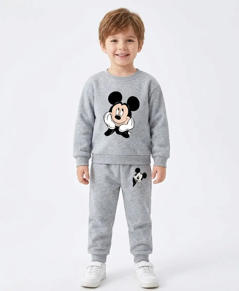 2 Pcs Boy's Fleece Printed Shirt And Trouser Suit