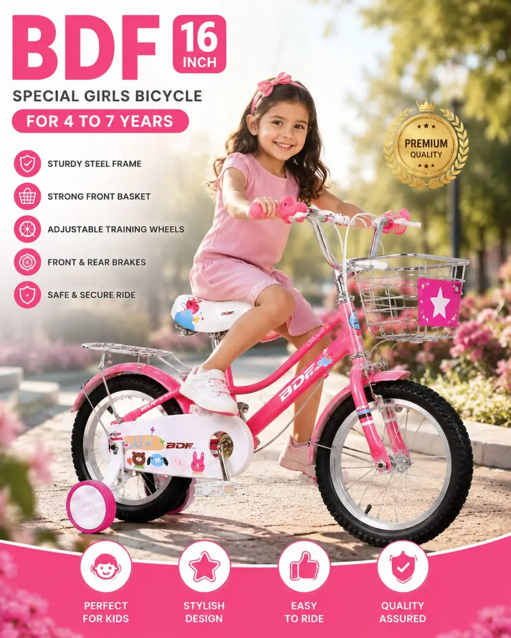 Long Lasting 16 Inch Pink Bike for Little Girls aged 4-8 Yo
