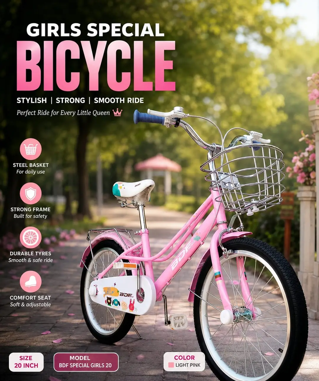 Cute Light Pink 20 Size Strong Bicycle for 7-12 Year Girls.