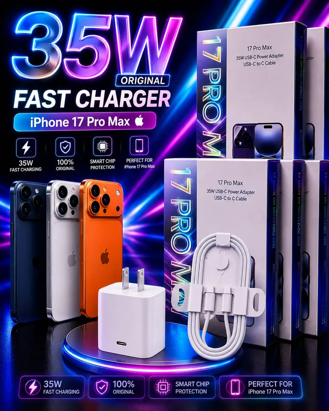 Original 35W 2 Pin Apple Super Fast Charger with C-C Cable