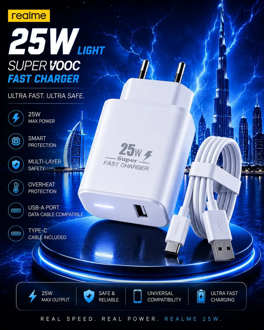 Realme 25W Fast Charger Type C 3in1 Mobile Adapter Kit