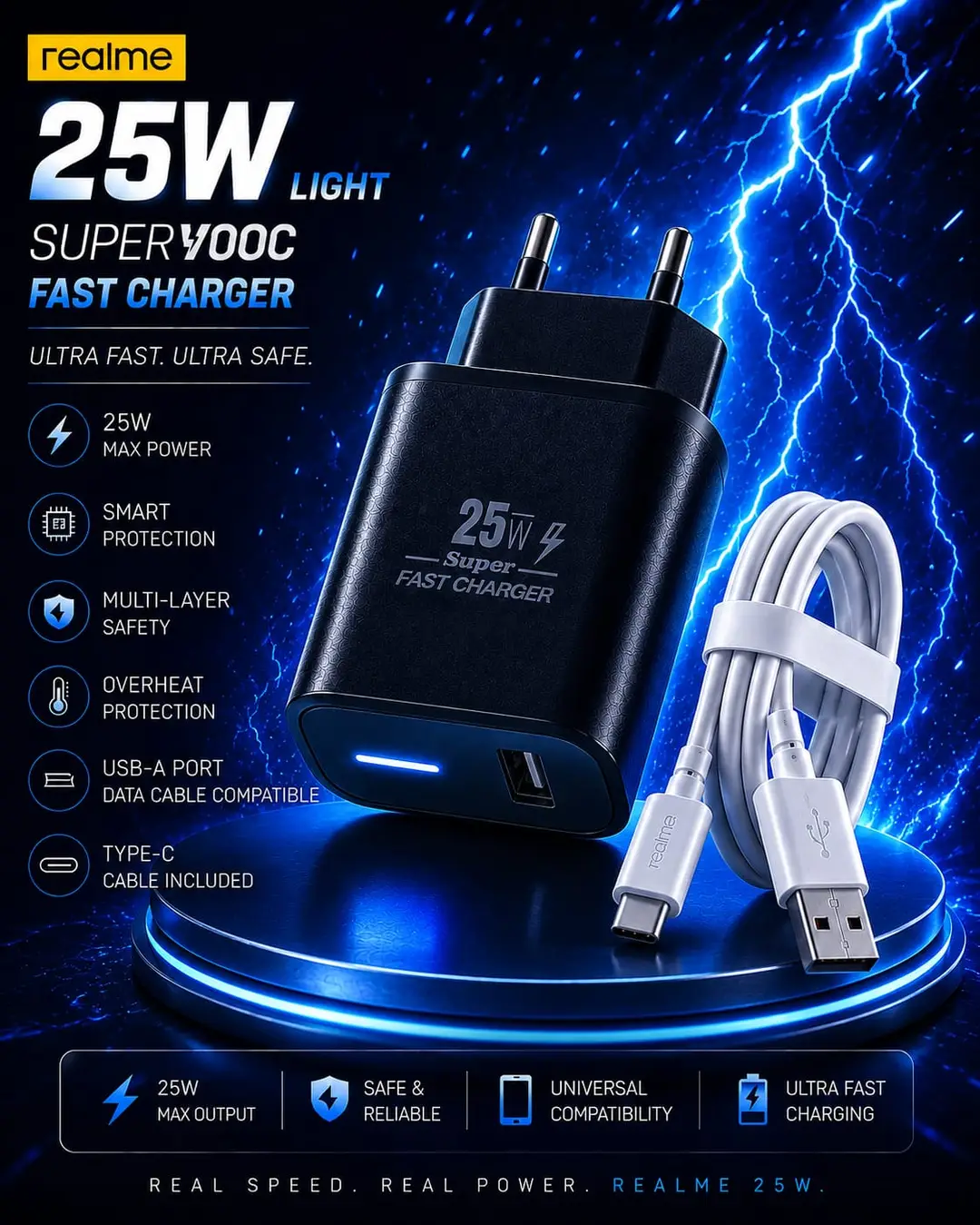 25W Realme Type C Fast Charger 3 in 1 Mobile Adapter