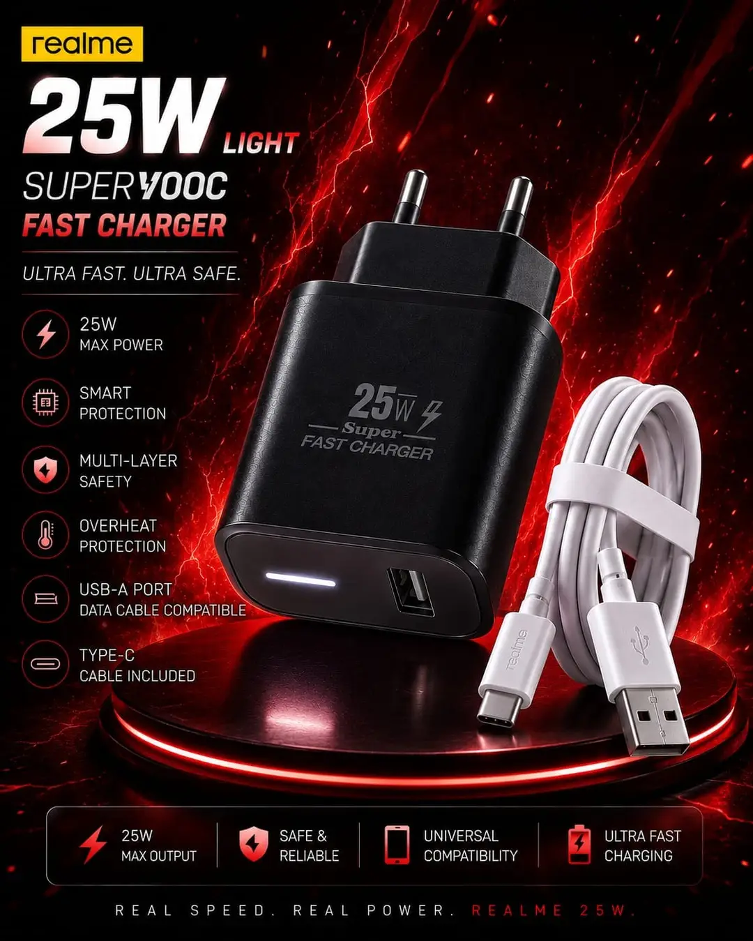Type C Fast Charger 25W Realme 3 in 1 Phone Adapter