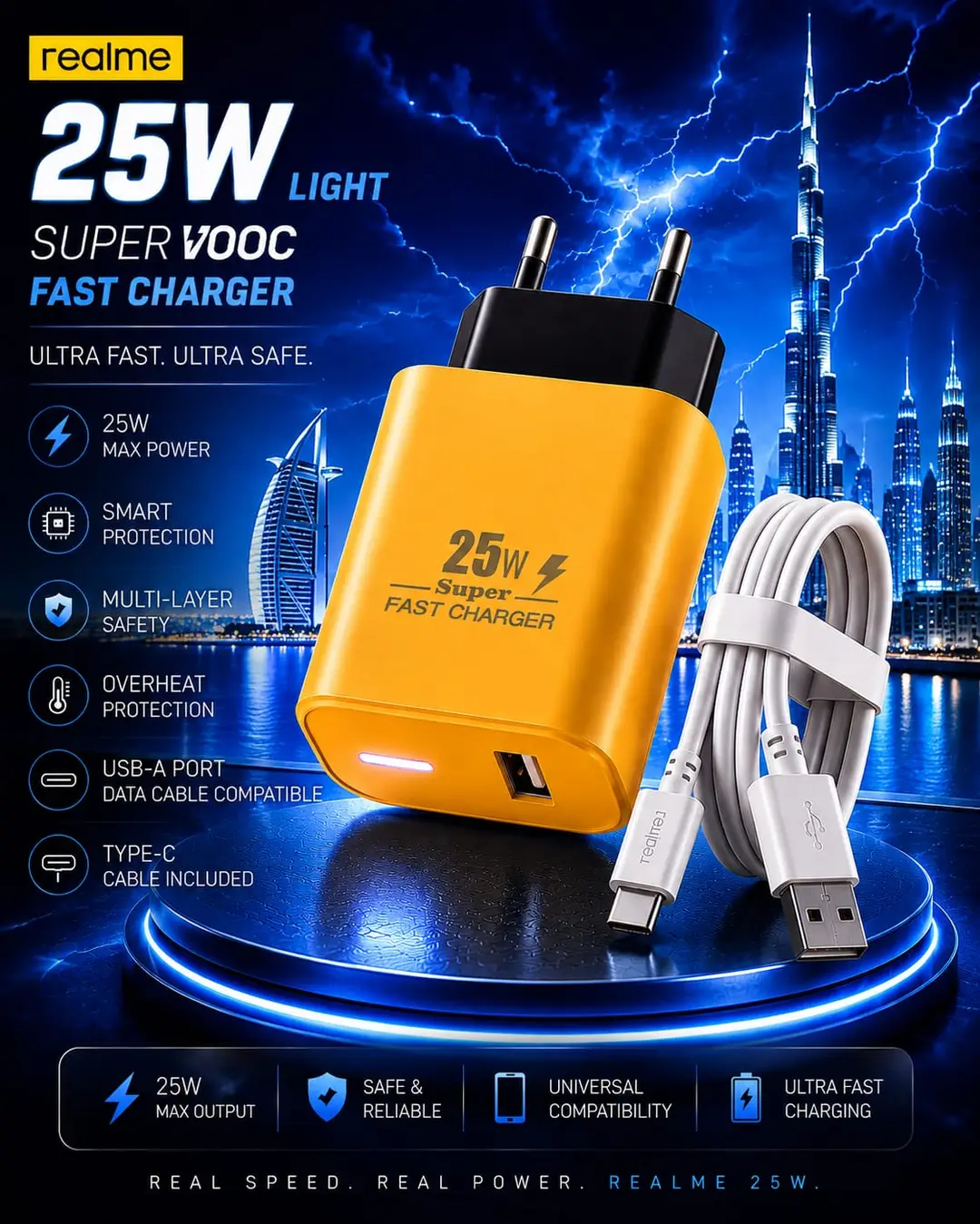 3 in 1 Mobile Phone Charger 25W Realme Micro USB Plug