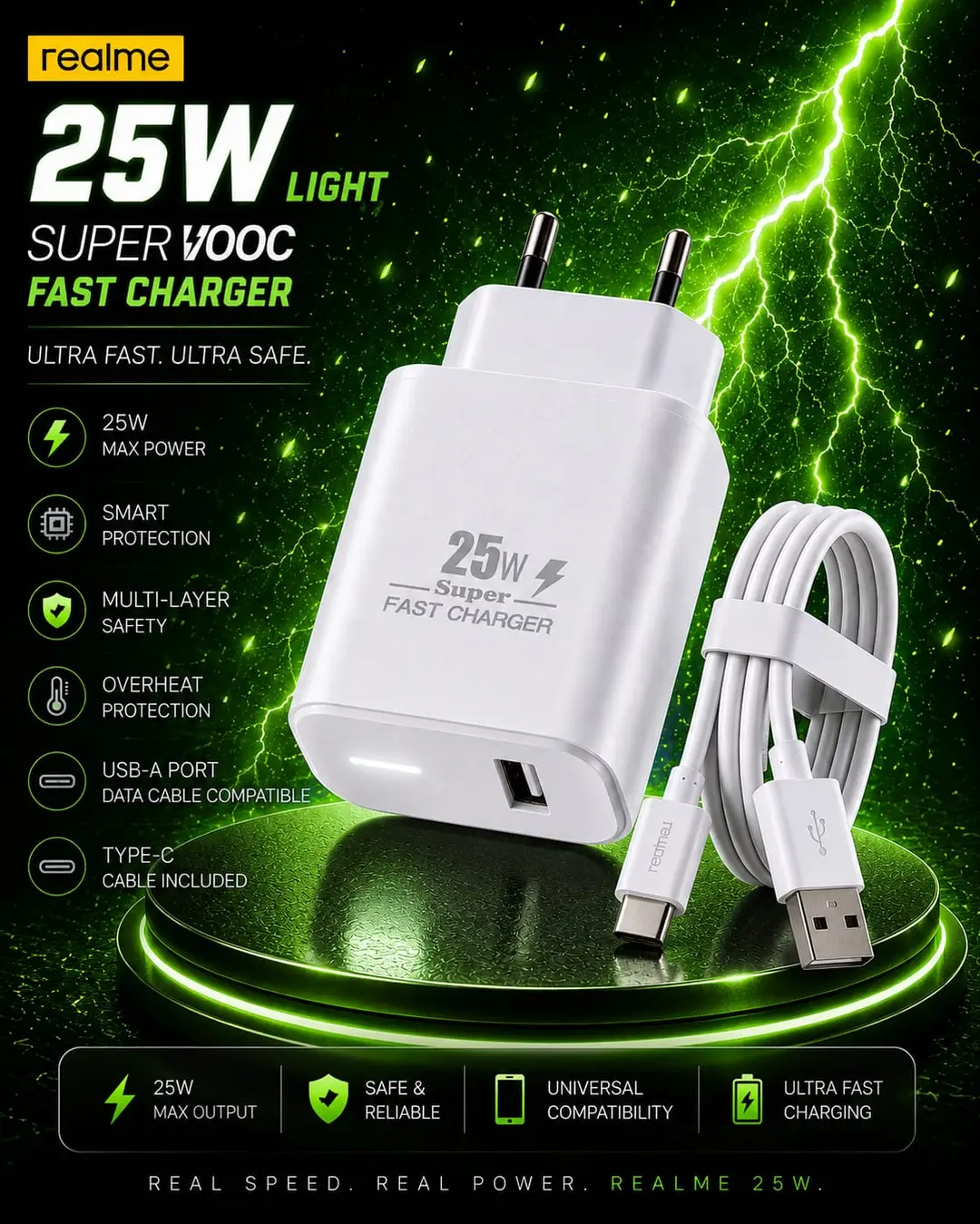 3 in 1 Mobile Phone Charger 25W Realme Micro USB Plug