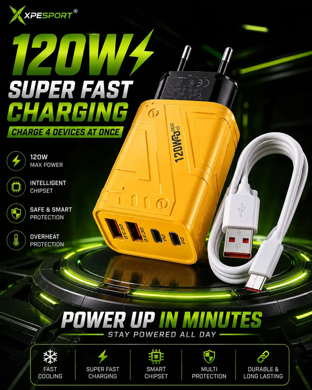 120W Super Fast Charger 4 Port Micro USB Phone Adapter