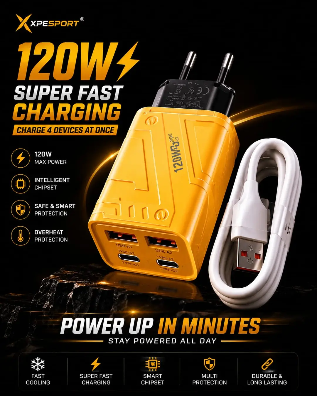 4 Port Micro USB 120W Fast Charger 3 in 1 Mobile Plug