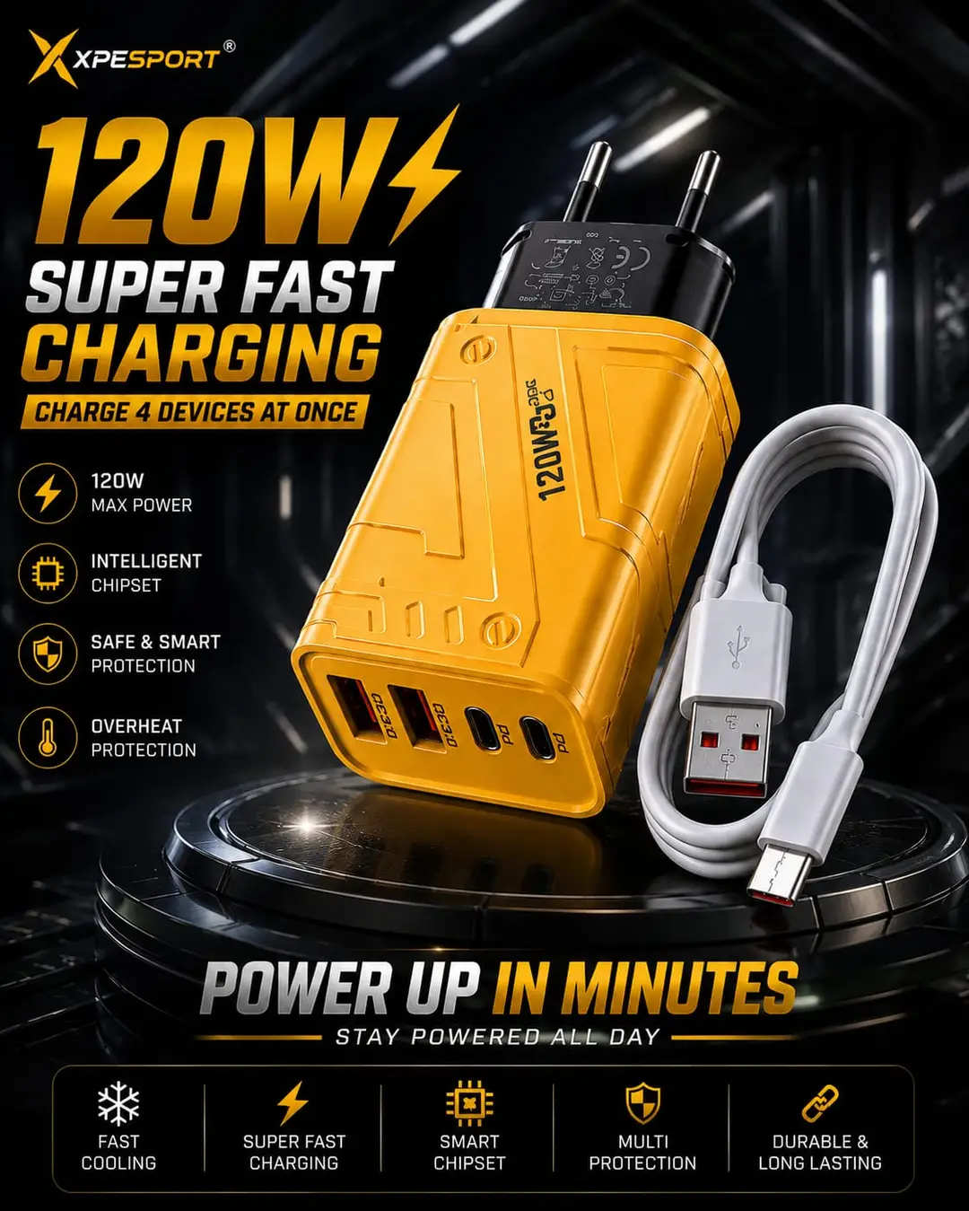 4 Port Micro USB 120W Fast Charger 3 in 1 Mobile Plug