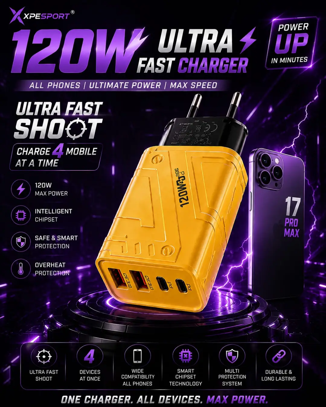 3 in 1 Power Adapter 120W 4 Ports Fast Charger