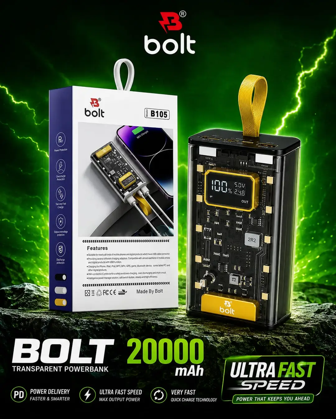BOLT Power Bank 20000 mAh Fast Travel Charging, Two Usb Port