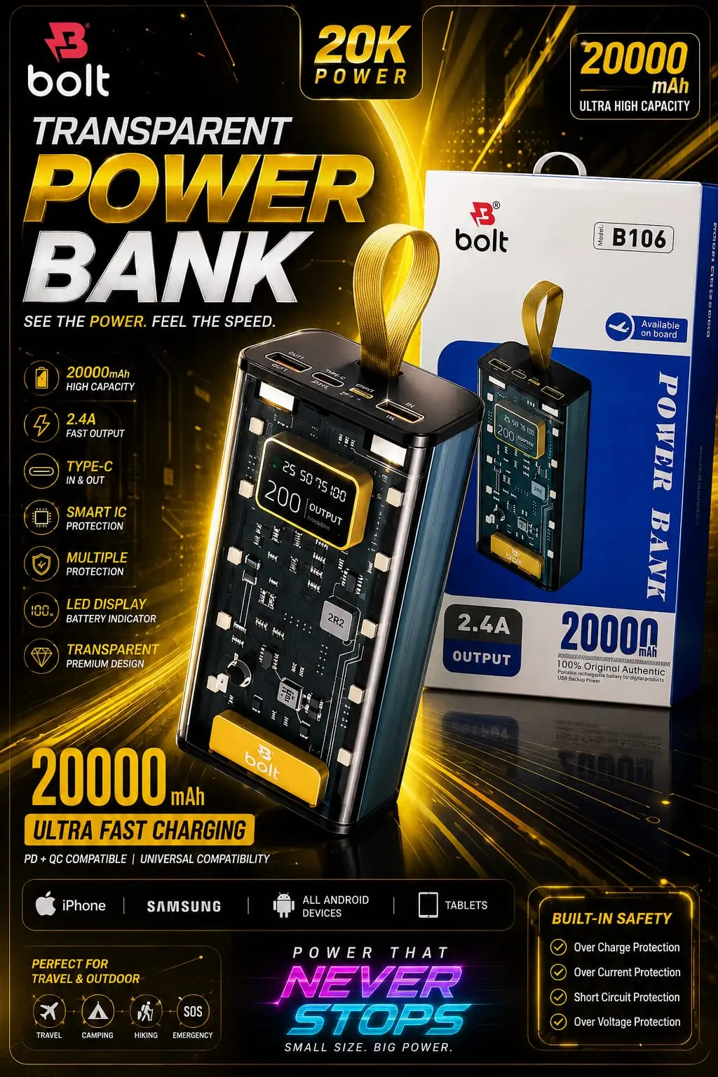 BOLT Power Bank 20000 mAh Fast Travel Charging, Two Usb Port