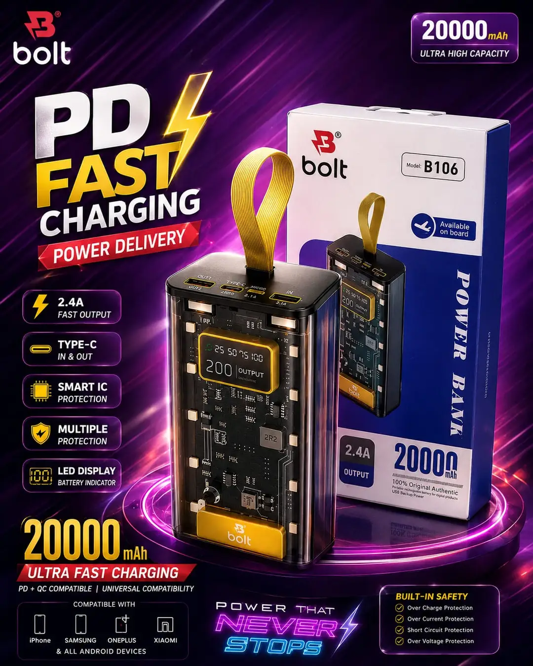 BOLT Power Bank 20000mAh Fast Travel Charging,Two Usb Port