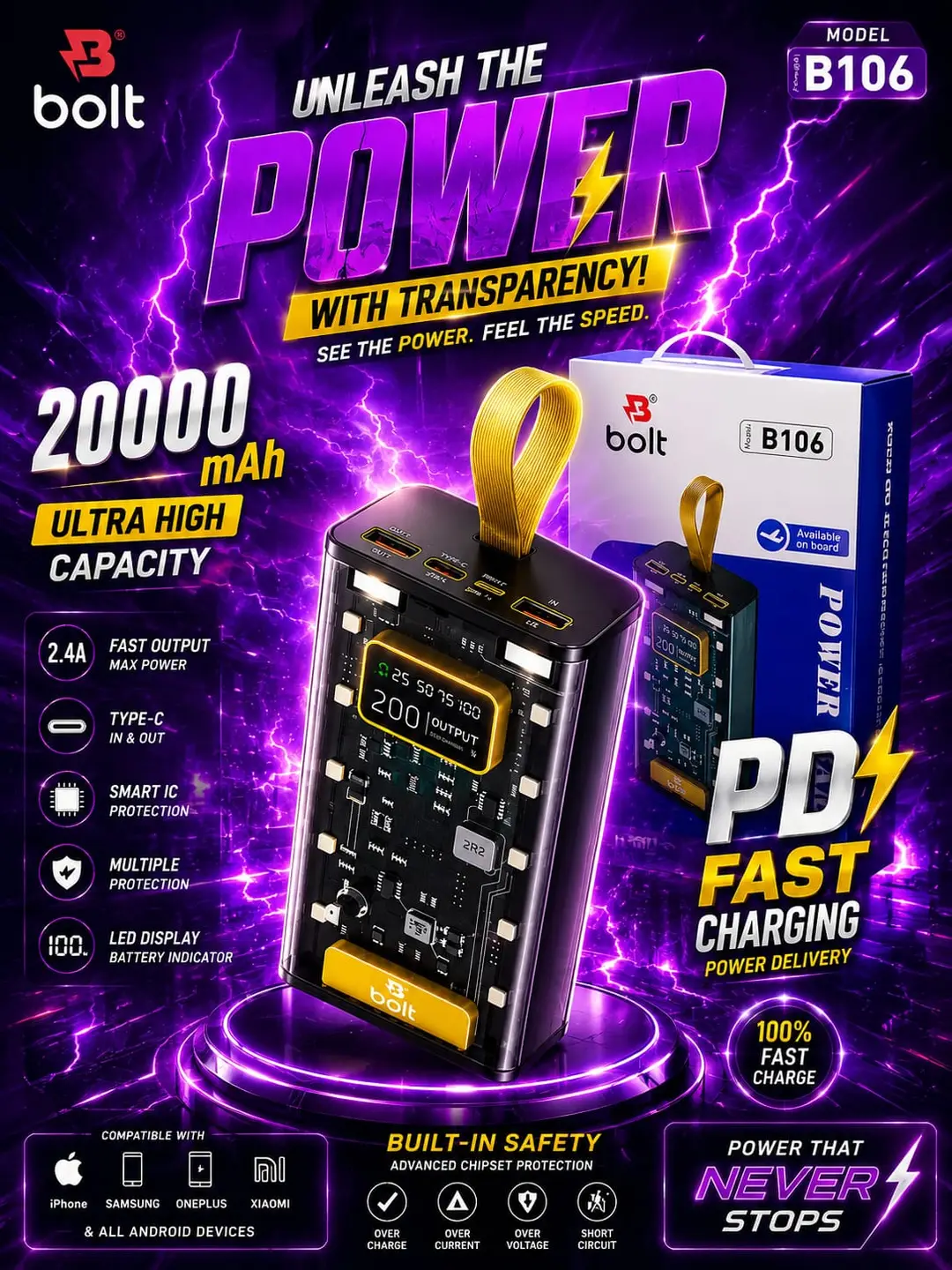 BOLT Power Bank 20000mAh Fast Travel Charging,Two Usb Port
