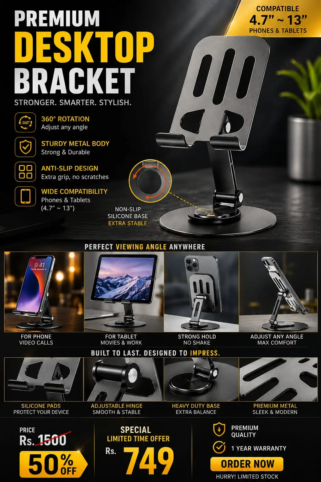 Heavy Duty Desktop Phone Tablet Holder With Grip