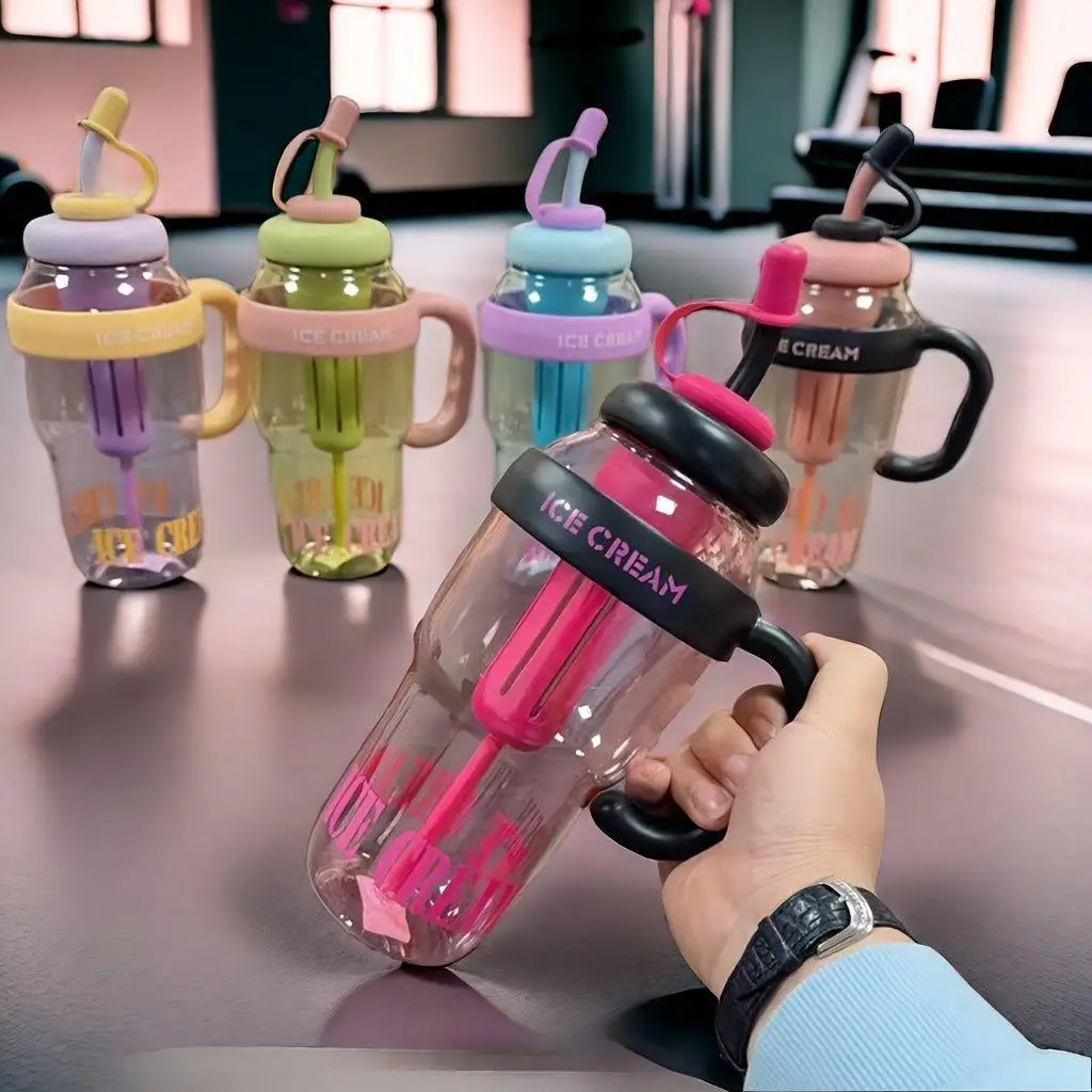 Gym Water Bottle Ice Cream Print ABS Plastic Leak Proof