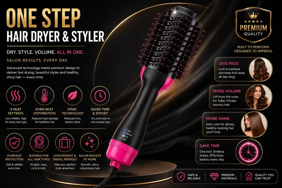 One Step Hair Dryer Brush Black Pink ABS