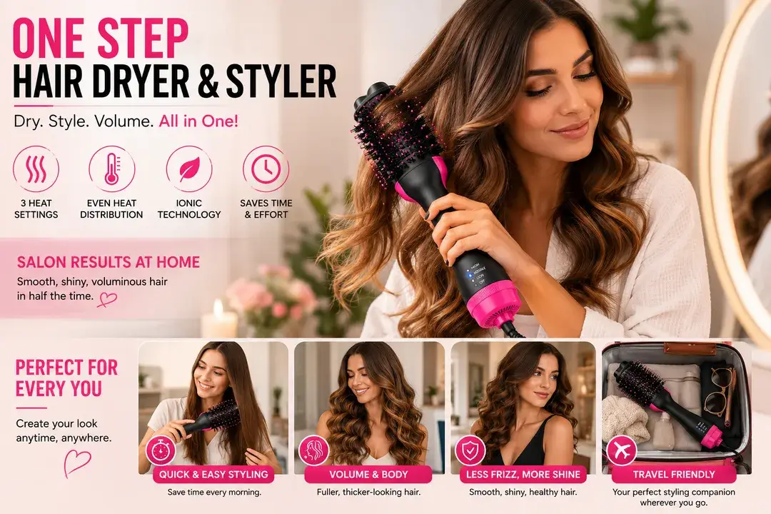 One Step Hair Dryer Brush Black Pink ABS