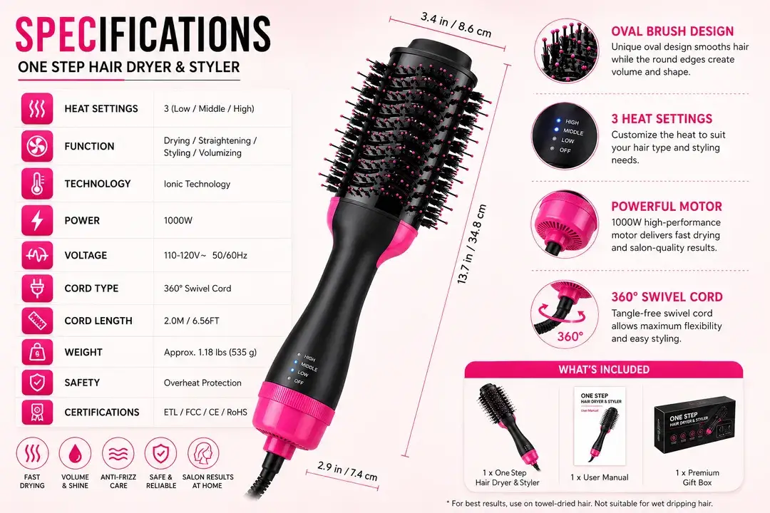 One Step Hair Dryer Brush Black Pink ABS