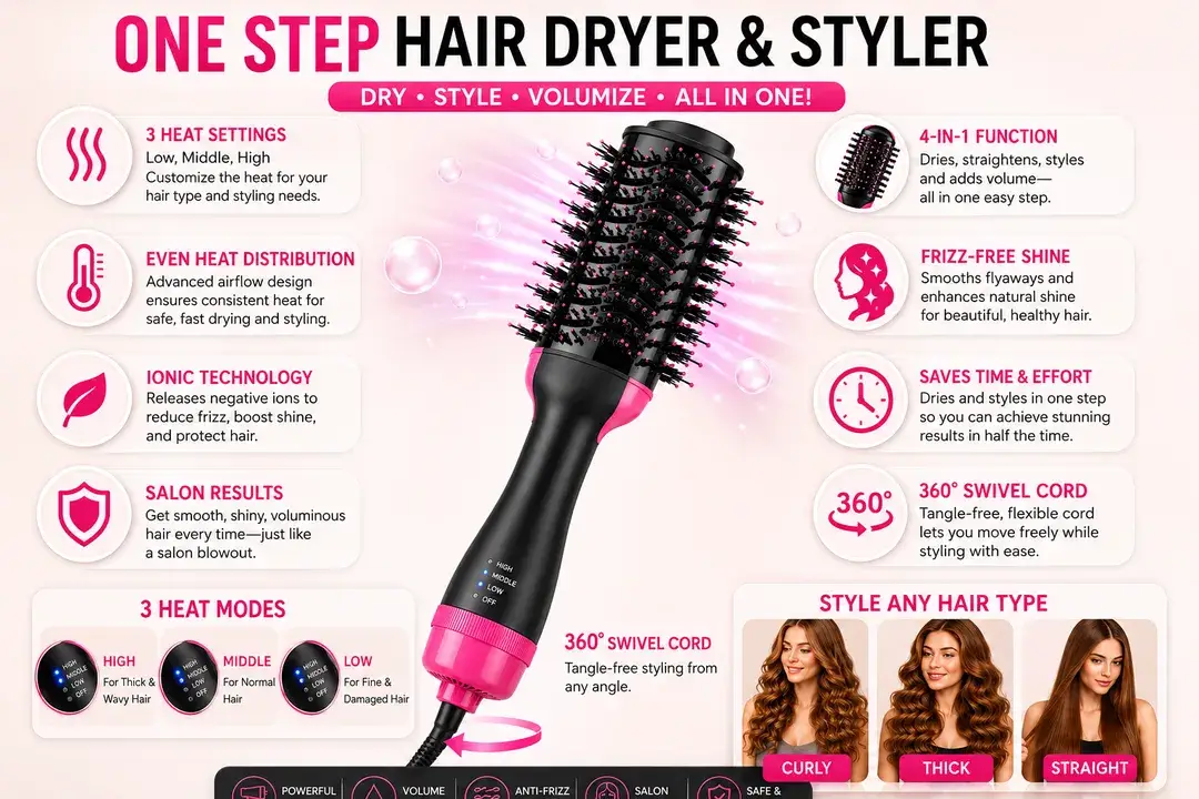 One Step Hair Dryer Brush Black Pink ABS