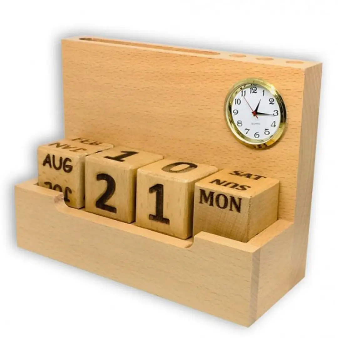Luxury Wooden Desk Calendar with Clock