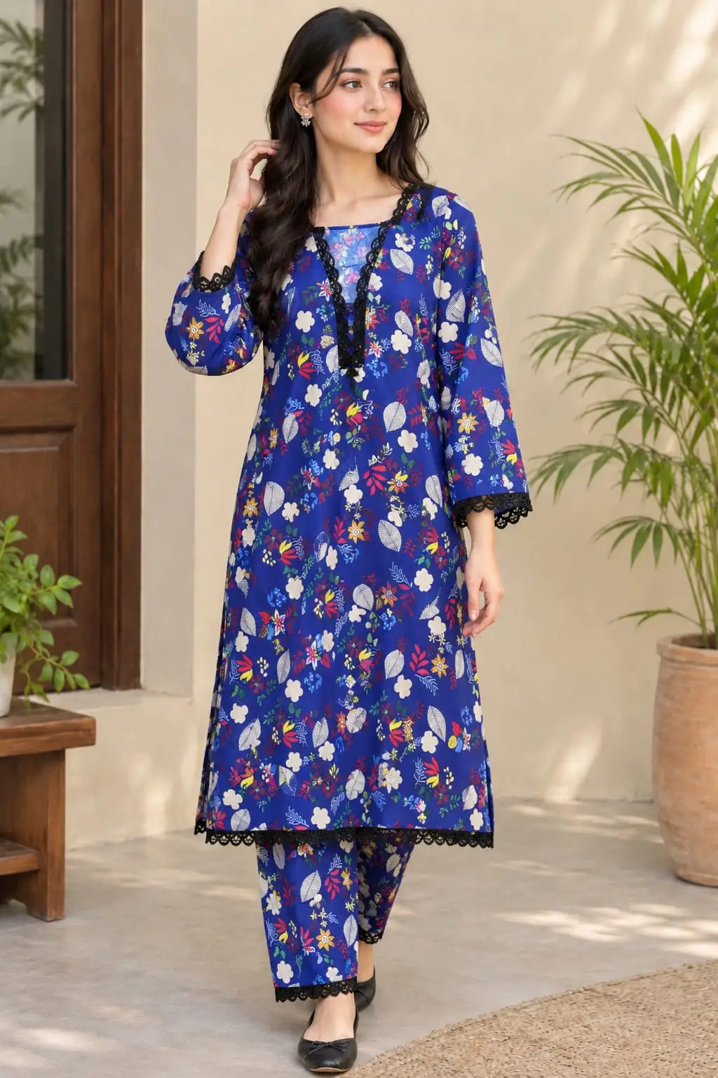 Stylish Blue Printed Shirt And Trouser Set - 2 Pcs Made of Crystal Wool