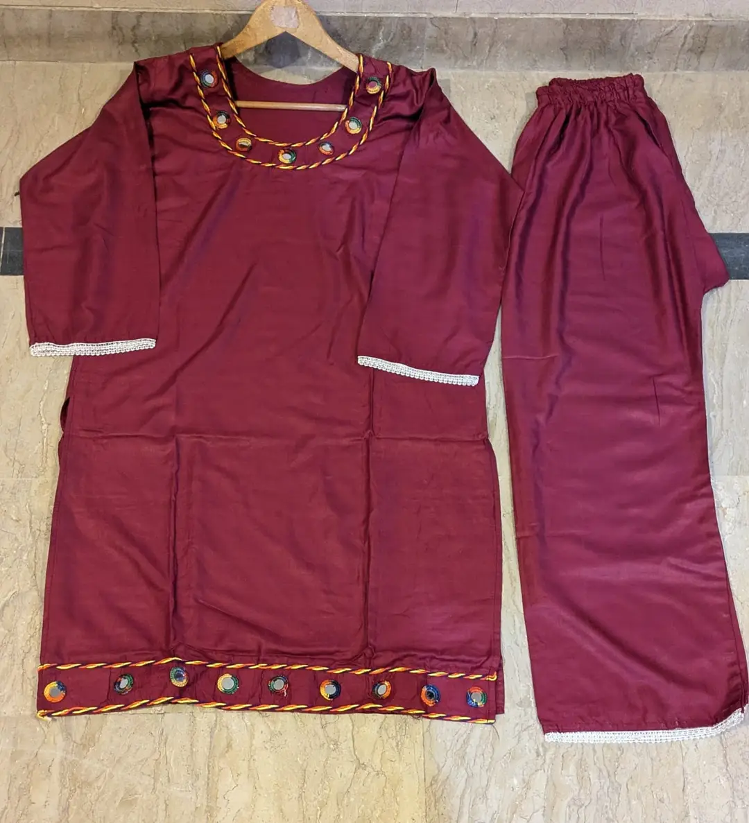 2 Pcs Women's Stitched mirror Linen Plain Shirt And Trouser