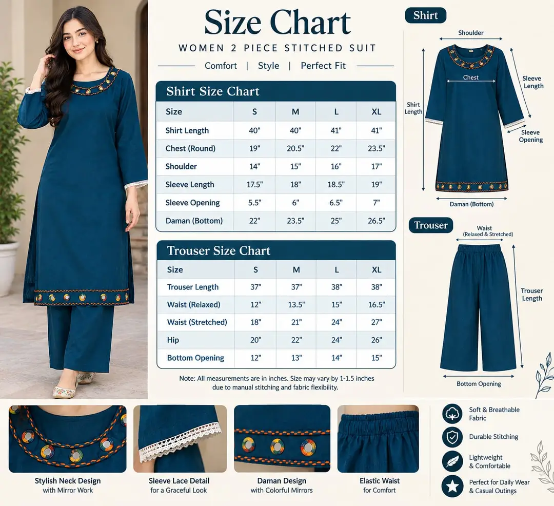 2 Pcs Women's Stitched mirror Linen Plain Shirt And Trouser