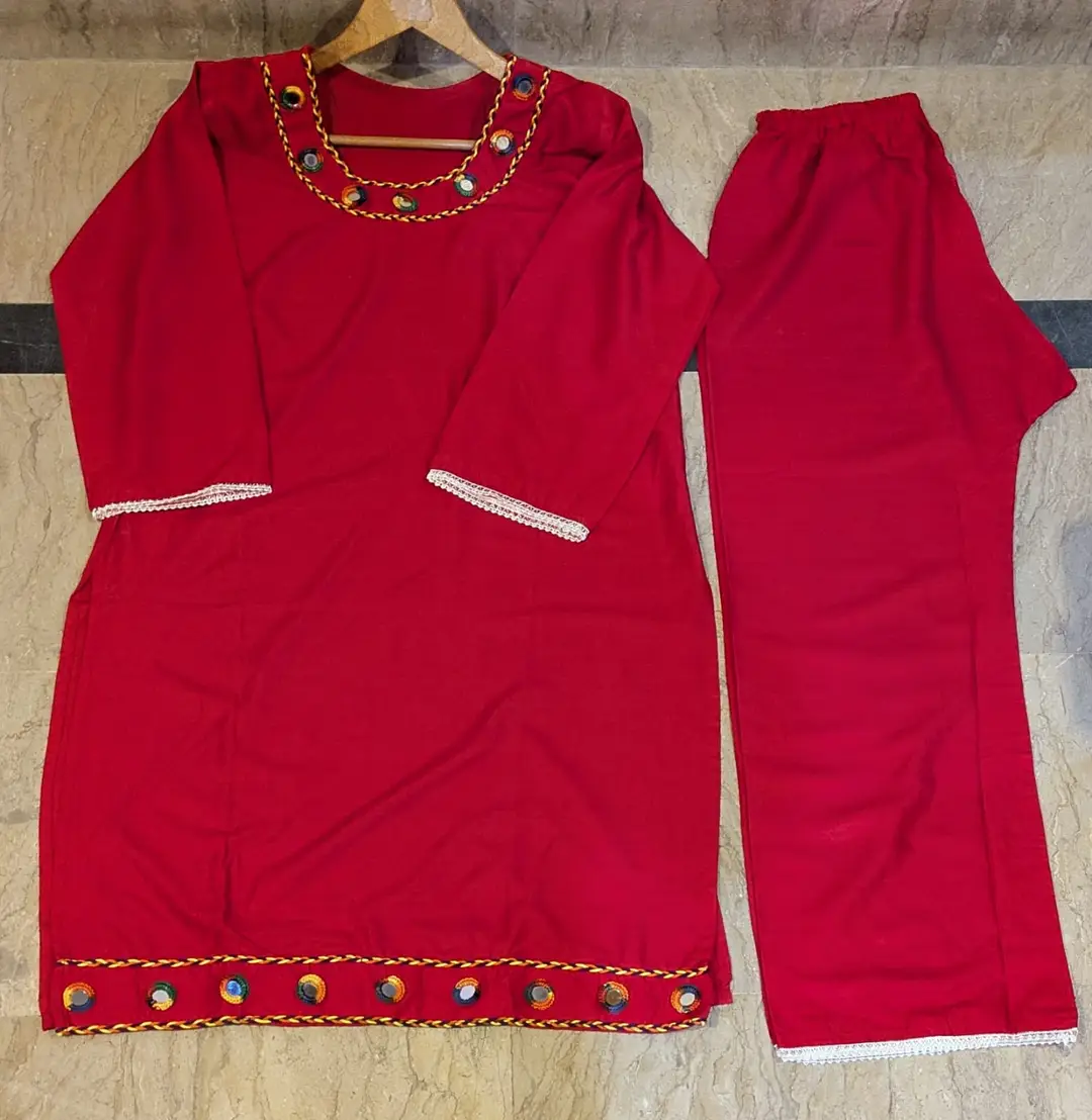 2 Pcs Women's Stitched mirror Linen Plain Shirt And Trouser