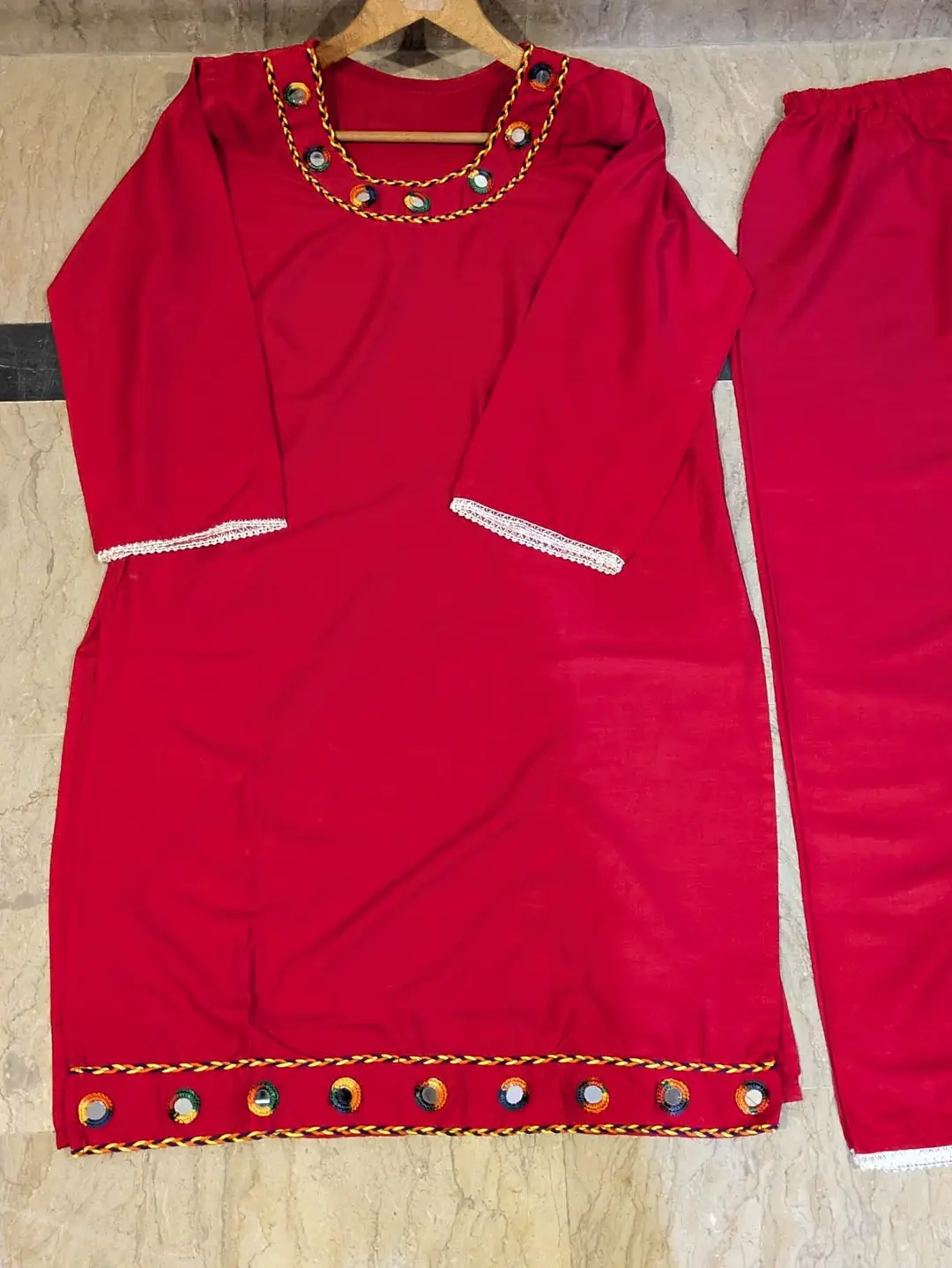 2 Pcs Women's Stitched mirror Linen Plain Shirt And Trouser