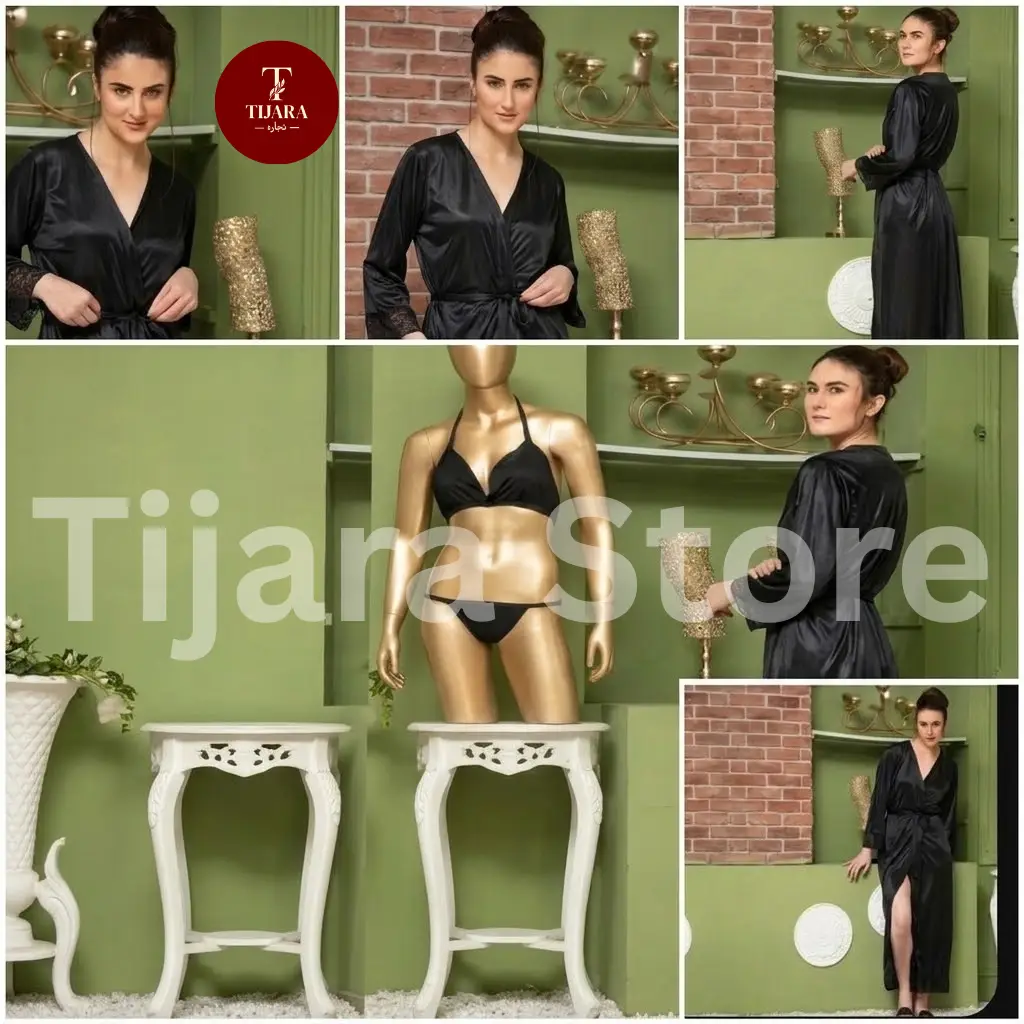 Jersey V-Neck 3-Piece Nightgown Set With Lace Work