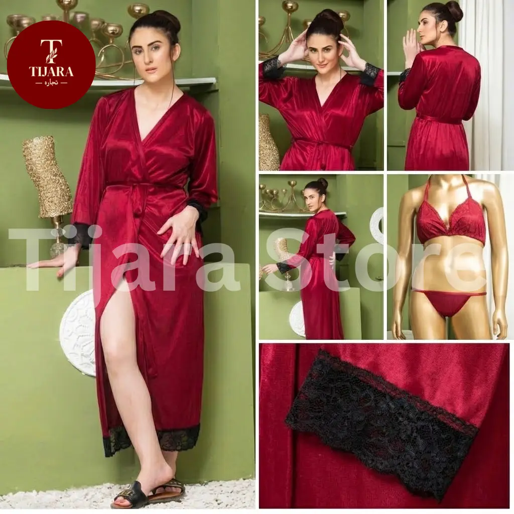 Jersey V-Neck 3-Piece Nightgown Set With Lace Work