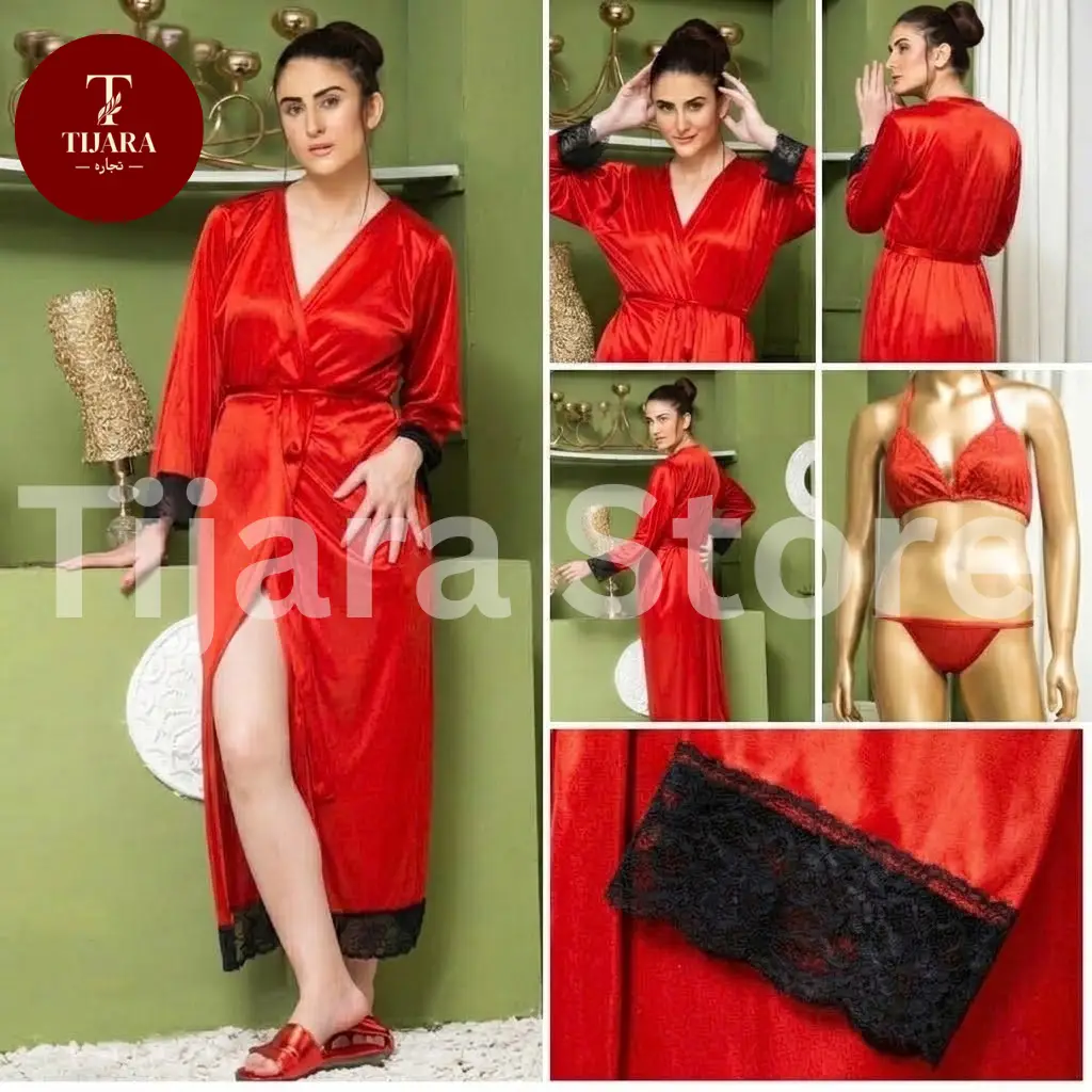 Jersey V-Neck 3-Piece Nightgown Set With Lace Work